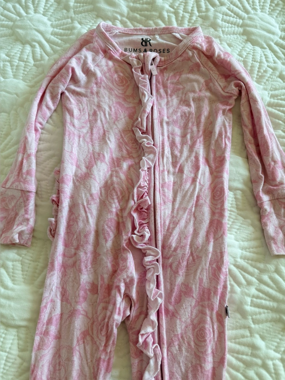 Bums & Roses Pink Floral Ruffle Zip One-Piece Footie
